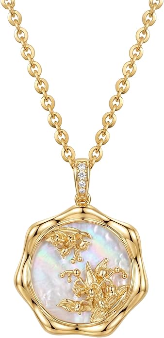 MEVECCO Birth Flower Necklace For Women 18k Gold Plated Mother Of Pearl Disc Floral Pendant Necklace Dainty 12 Birth Month Flower Handmade Personalized Jewelry Anniversary Christmas Birthday Gifts
