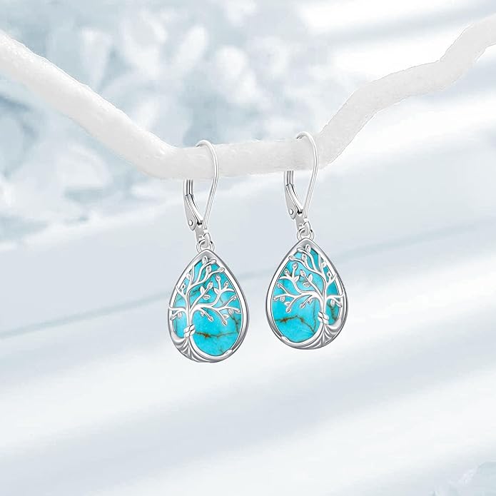 Tree of life Dangle Earrings Sterling Silver Moonstone/Turquoise/Malachite Earrings for Women Filigree Leverback Earrings Jewelry Gifts