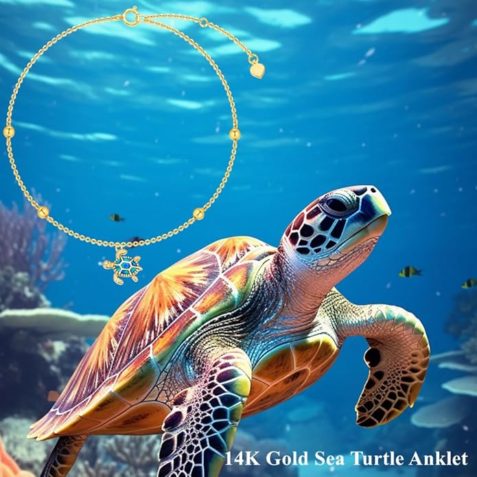 14K Gold Sea Turtle Anklet for Women Blue Opal Layered Ankle Bracelet Real Gold Beach Foot Jewelry Yellow Gold, 8''-10''