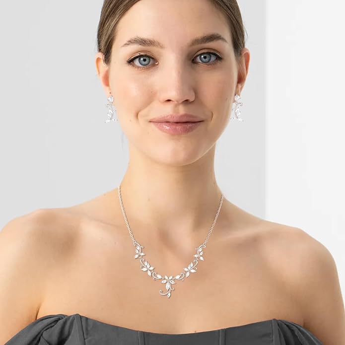 Crysdue Flower Leaf Wedding Jewelry Set for Bridal Bridemaid, Cubic Zirconia Teardrop Elegant Silver/14K/Rose Gold Plated Vine Necklace Dangle Earrings for Prom Party