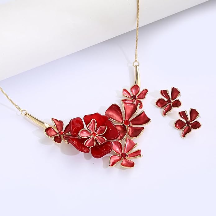 Chunky Statement Jewelry Set Vintage Retro Leaf Flower Floral Geometric Bohemian Boho Bib Necklace Earring Set Fashion Costume Jewelry for Women Girls Wedding Party Prom Unique Gift