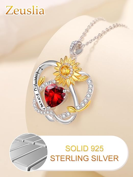 Zeuslia Double Birthstone Necklace Gifts for Wife - 925 Sterling Silver Sunflower/Rose/Crown Cross/Compass/Heart Pendant I Love You Necklace, Anniversary Birthday Gifts for Wife Girlfriend Mom Her