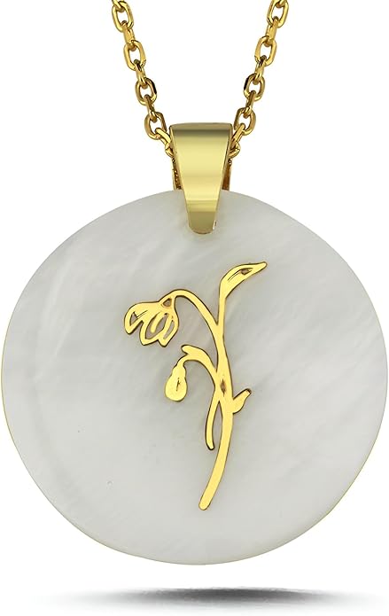 ONTHOLOGIE Birth Month Flower Necklace on Natural Mother of Pearl, 925K Sterling Silver Pendant Birth Flower Necklace, Personalized Birth Month Jewelry, Meaningful Gift for Women