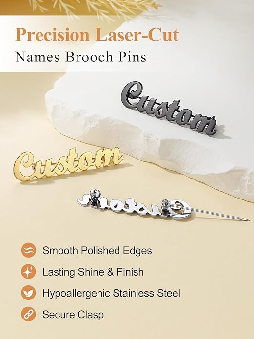 Custom4U Custom Name Pin Personalized Brooch Pins for Women Men Stainless Steel Name Tag with Letters/Initials - Silver/Gold/RoseGold/Black Customized Jewelry Gifts for Birthday Wedding Business Party