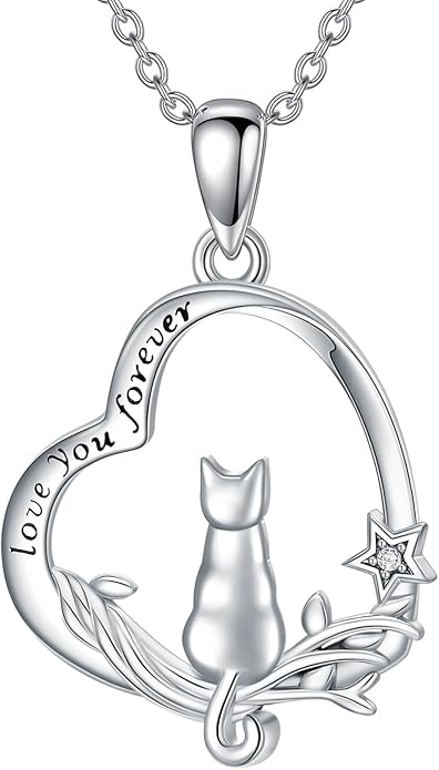 Cat Gifts for Women 925 Sterling Silver Heart Moon Cat Necklace Pendant Women Jewelry Halloween Christmas Gifts