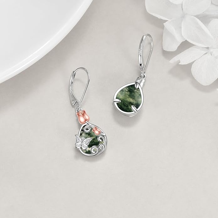 AOBOCO Butterfly/Dragonfly/Bee/Ladybug Leverback Earrings 925 Sterling Silver Rose Lotus Tulip Flower Filigree Dangle Earrings Teardrop Moonstone Larimar Turquoise Abalone Shell Jewelry Birthday Gifts for Women