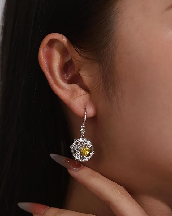 FANCIME Tree of Life Dangle Drop Earrings 925 Sterling Silver Dainty Round Gemstone Birthstone Earring Fine Jewelry Birthday Christmas Gifts for Her Women