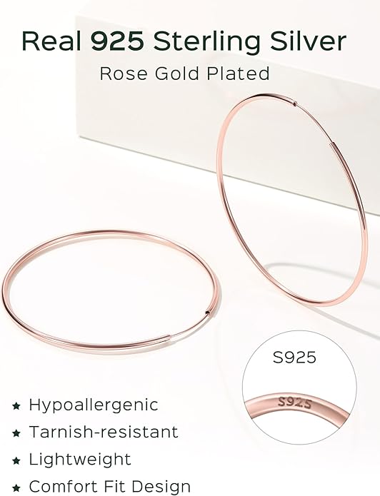 ChicSilver Hypoallergenic 925 Sterling Silver Hoop Earrings for Women, Lightweight Large Gold Plated Hoop Earrings, Endless Hoops Earring 20/30/40/50/60/70MM