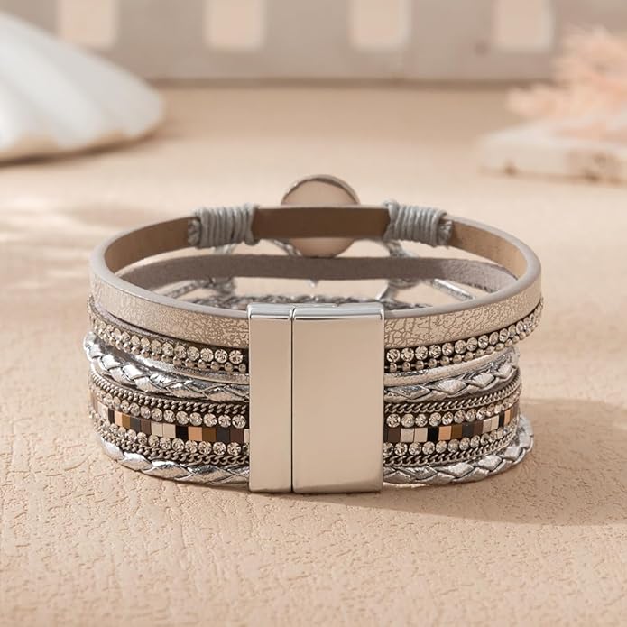 Rantanto Braid Leather Wrap Bracelet Trendy Stackable Crystal Cuff Boho Gold Heart Bracelet Jewelry Gift For Women