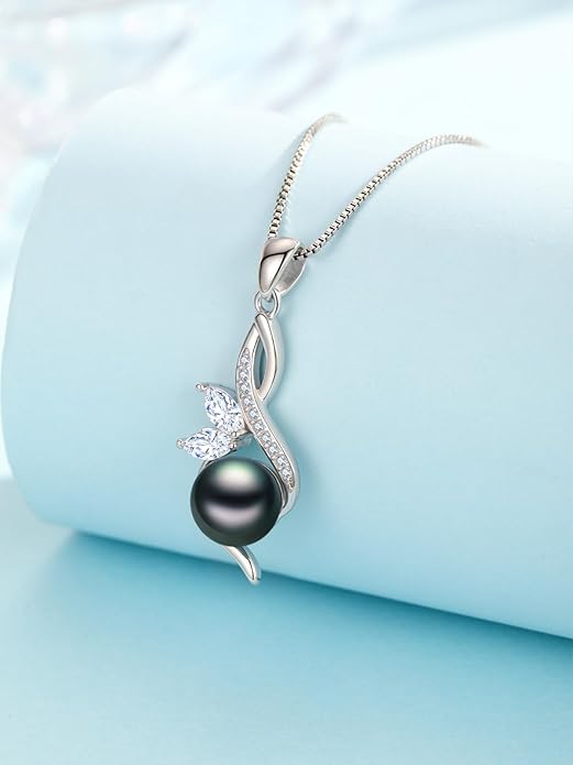 KANNSOAR Tahitian Black Pearl AAAA 18K Gold Plated Sterling Silver Trendy Pendant Necklace for Women Wife Mom Girlfriend Valentine Her Jewelry Gift for Anniversary Birthday Christmas