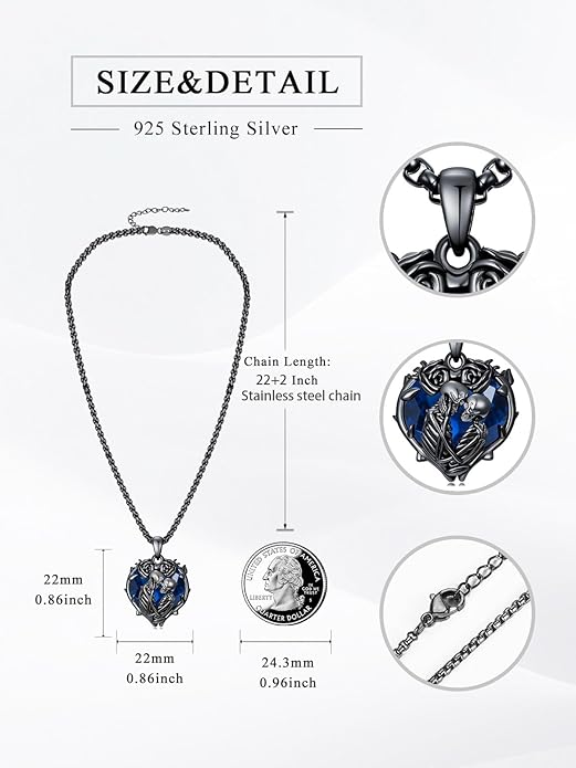 Flpruy 925 Sterling Silver Black Gothic Jewelry Gifts Skeleton Couple Pendant Crystal Birthstone Heart Necklace Punk Romantic Jewelry for Lover Men Women