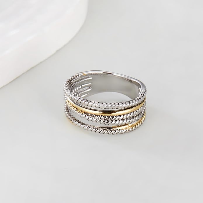 2 Tone 14K Gold & Silver Plated Ring, Wide Intertwined Crossover Statement Chunky Gold Rings Vintage Fashion Band Rings for Women Designer Jewelry Gifts