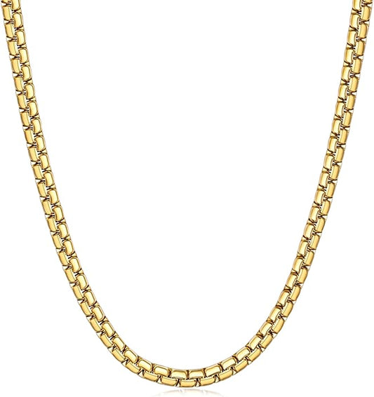 Fiusem Flat Box Chains for Men, 14k Gold Plated Stainless Steel Chain Necklace, 2.5/3/4/4.5/5mm Necklaces for Men and Women 16-28 Inch