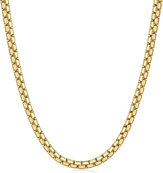Fiusem Flat Box Chains for Men, 14k Gold Plated Stainless Steel Chain Necklace, 2.5/3/4/4.5/5mm Necklaces for Men and Women 16-28 Inch