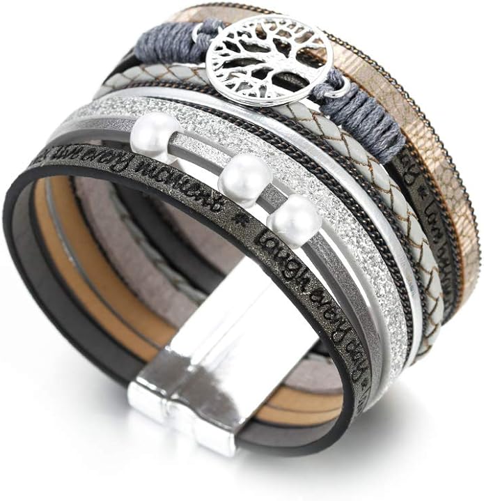 Fesciory Leather Wrap Bracelets for Women, Boho Leopard Multi-Layer Crystal Beads Cuff Bracelet Jewelry