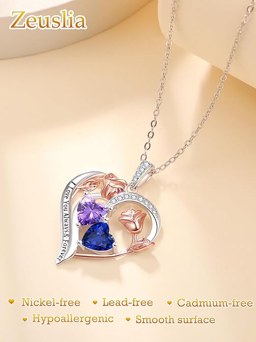 Zeuslia Double Birthstone Necklace Gifts for Wife - 925 Sterling Silver Sunflower/Rose/Crown Cross/Compass/Heart Pendant I Love You Necklace, Anniversary Birthday Gifts for Wife Girlfriend Mom Her