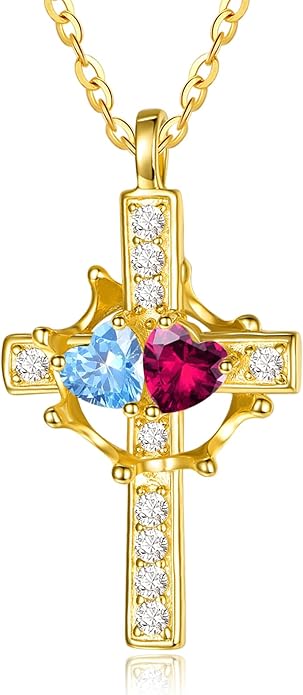 Zeuslia Double Birthstone Necklace Gifts for Wife - 925 Sterling Silver Sunflower/Rose/Crown Cross/Compass/Heart Pendant I Love You Necklace, Anniversary Birthday Gifts for Wife Girlfriend Mom Her