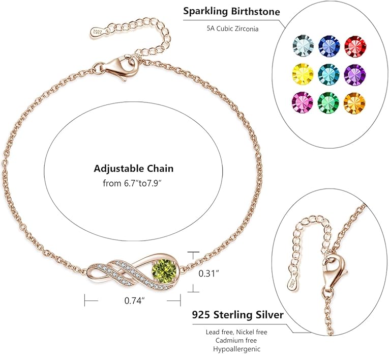 Birthstone Bracelets for Women 925 Sterling Silver Created Gemstone Bracelet Infinity Pendant Jewelry for Her, 6.7"+1.2"