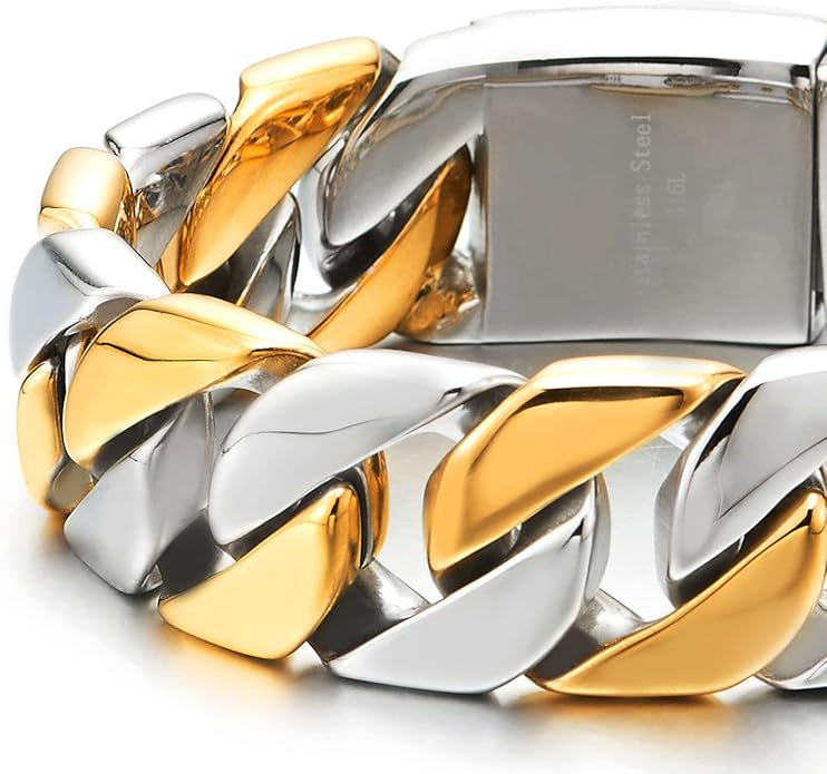 COOLSTEELANDBEYOND Mens Stainless Steel Large Curb Chain Link Bracelet Solid Curb Chain Wristband Biker Punk Jewelry Masculine Accessory