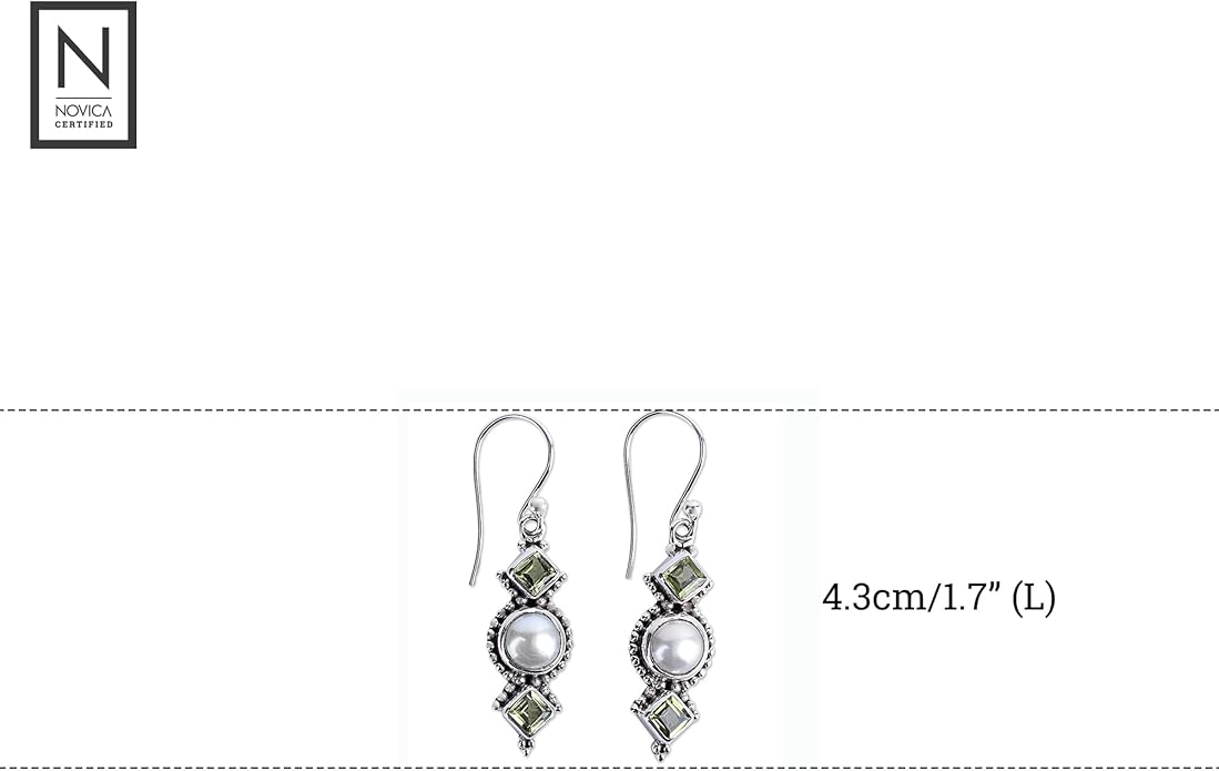 NOVICA Artisan Crafted Sterling Silver Cultured Pearl Peridot Earrings | Multi Gemstones Dangle | Cluster pearl Freshwater | Hypoallergenic Jewelry | Lead & Nickel Free | Long French Wire Hook | '