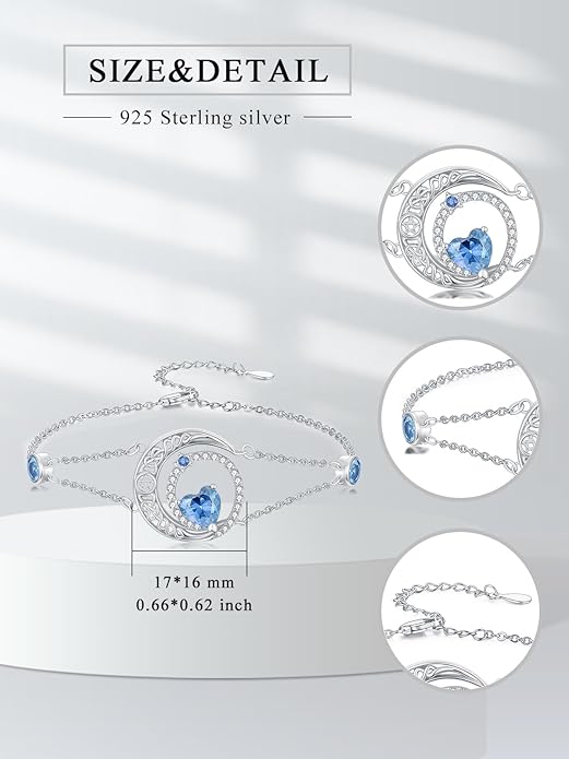 Dorunmo 925 Sterling Silver Moon Heart Birthstone Anklet Bracelets for Women Best Mother's Day Birthday Jewelry for Wife Girlfriend Mom Her