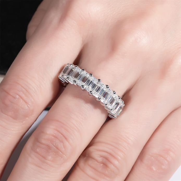 AnuClub Moissanite Eternity Ring, Round/Emerald/Princess Cut 5cttw D Color 925 Sterling Silver Wedding Band Rings for Women
