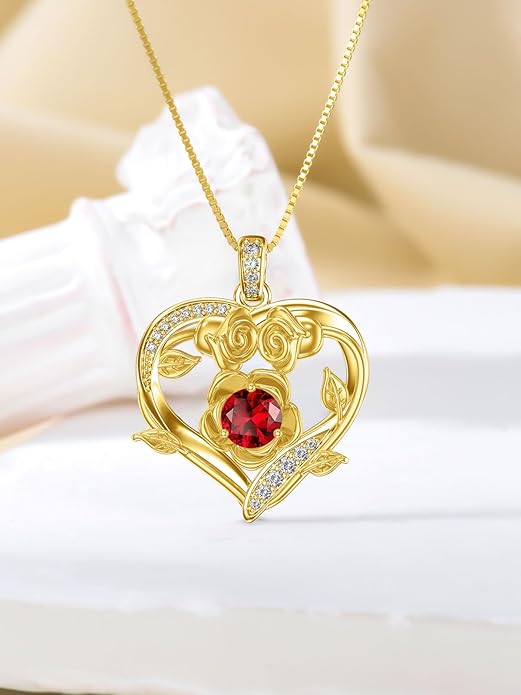 Midari 18K Gold Heart Birthstone Necklace for Women Rose Pendant Birthday Jewelry Gifts for Wife Her Daughter Mom