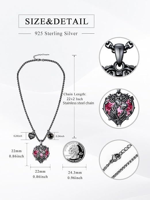 Flpruy 925 Sterling Silver Black Gothic Jewelry Gifts Skeleton Couple Pendant Crystal Birthstone Heart Necklace Punk Romantic Jewelry for Lover Men Women