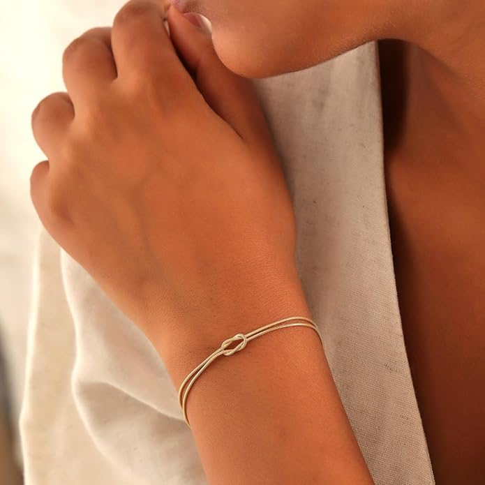 Matching Bracelets for Couples，Dainty Gold Love Knot Bracelet 14K Gold Plated Herringbone Chain Bracelet Relationship Jewelry Gifts for Best Friend