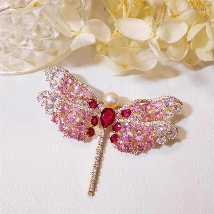 14K Gold Exquisite Dragonfly Brooch Adorned with Colorful Gemstones and Lustrous Pearls, Chic Brooch Accent for Special Events, Ideal for Stylish Women
