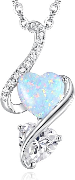 LOUISA SECRET 925 Sterling Silver Opal Birthstone Necklace, Unique Tiny Double Heart Pendant Jewelry, Engraved with "S925 I Love You" Best Birthday Gift for Women Wife Girlfriend Mom Her, Christmas Day Valentine's Day Anniversary Mother's Day