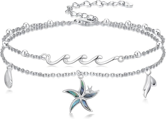 Sea Turtle/Dolphin/Starfish/Seashell/Compass Bracelet for Women 925 Sterling Silver Ocean Wave Anklet Summer Hawaiian Jewelry Gift for Her