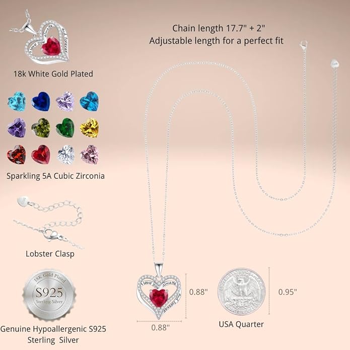 Birthstone Heart Necklace for Women Wife Girlfriend Mom Daughter Gifts S925 Silver Jewelry For Anniversary Rose Gold Gifts For Birthday Christmas Mothers Valentines Day