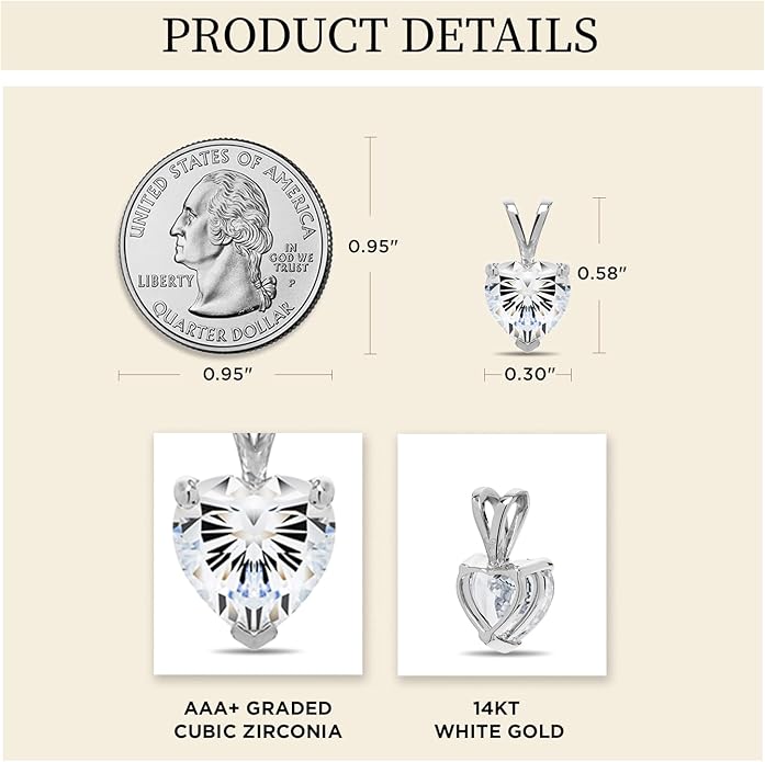 Everyday Elegance Solid 14K Gold Cubic Zirconia Solitaire Pendant Necklace for Women Heart, Princess, Round, Oval, Emerald, Pear & Cushion Cut 1 or 2 CTW | .60mm Thick 16" 18" Length Box Link Chain