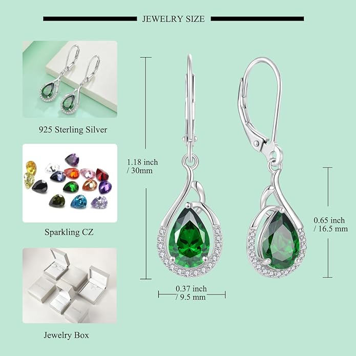 Starchenie Teardrop Dangle Drop Earrings 925 Sterling Silver Pear Birthstones Leverback Earrings Gift for Women