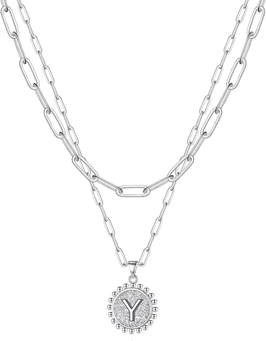 Yoosteel Gold Initial Necklaces for Women, 14K Gold Plated Dainty Layering Paperclip Link Chain Necklace Coin Initial Layered Necklaces for Women Personalized Birthday Gifts