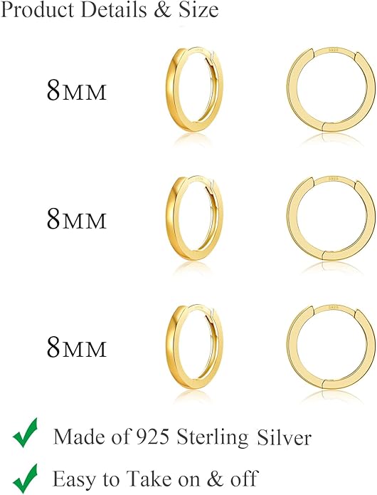 3 Pairs 925 Sterling Silver Hoop Earrings 14K White Gold Plated Small Silver Hoops Cartilage Huggie Earrings for Women Men