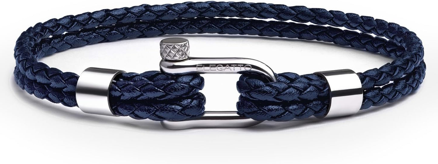 Elegatto Helix Premium Vintage Leather Bracelet for Men | Double Black Leather Strands with Sterling Silver Polished Mini Shackle Closure | Men’s Designer Jewelry