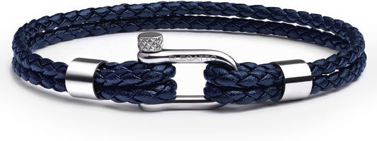 Elegatto Helix Premium Vintage Leather Bracelet for Men | Double Black Leather Strands with Sterling Silver Polished Mini Shackle Closure | Men’s Designer Jewelry