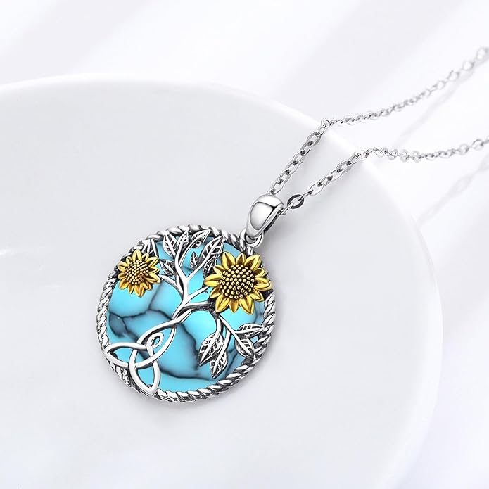 CHENGHONG Sunflower Necklace 925 Sterling Silver Tree of Life Necklace Daisy/Rose/Sunflower Pendant Necklace Sunflower Jewelry Gifts for Women Mom