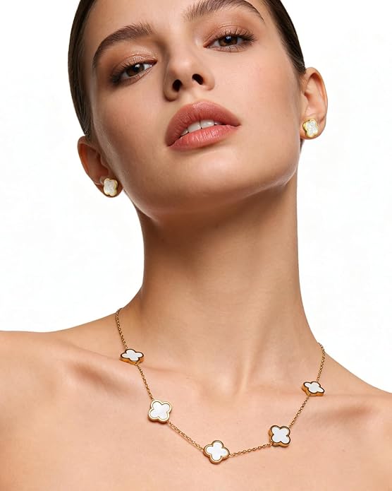 Aimétte Monette 18K Gold Plated Jewelry Set Clover Necklace Stud Earrings for Women Hypoallergenic Lucky Clover Pendant Necklace Gold Bracelets for Women Gifts
