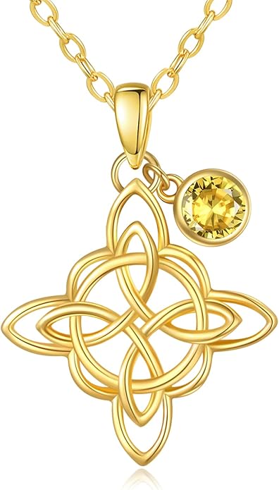 Witches Knot Necklace for Women, 14K Gold Celtic Knot Cross Jewelry with Triquetra Trinity with Birthstone Pendant, Birthday Witchy Spiritual Gifts for Her Wife Mom Grandma, 18+2 Inch Chain