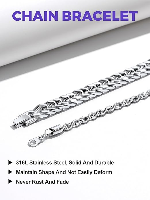 Richsteel 2PCS/3PCS Bracelets Chain for Men Women Stainless Steel Silver/Gold/Black Cuban/Rope Link Chain Bracelets Set, 7.4/8.2/9 Inch Hand Chain Length for Men Women Jewelry