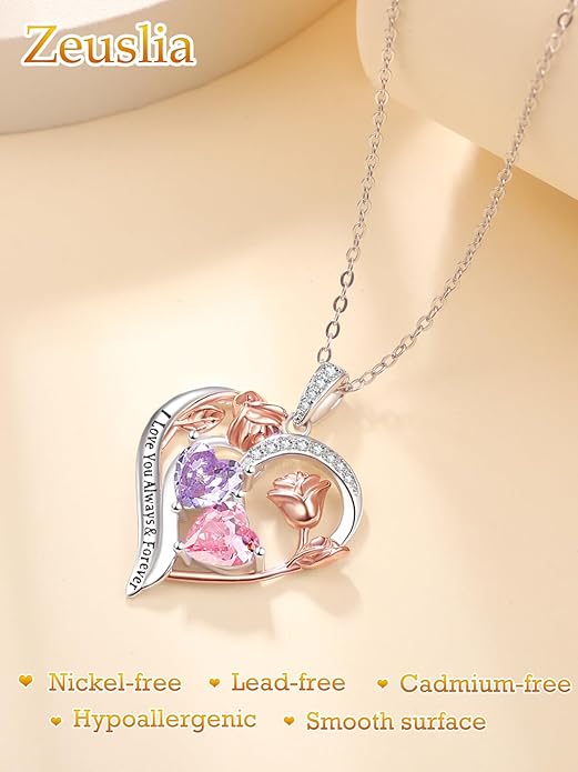 Zeuslia Double Birthstone Necklace Gifts for Wife - 925 Sterling Silver Sunflower/Rose/Crown Cross/Compass/Heart Pendant I Love You Necklace, Anniversary Birthday Gifts for Wife Girlfriend Mom Her