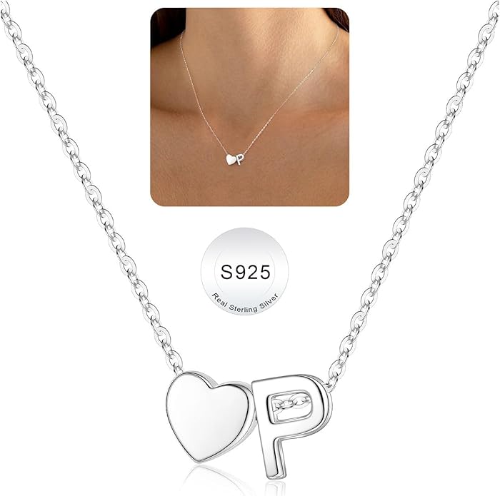 Turandoss Christmas Gifts for Grandkids, Dainty S925 Sterling Silver Heart Initial A-Z Necklace Trendy Silver Initial Jewelry Birthday Gifts for Girls Teen Girls