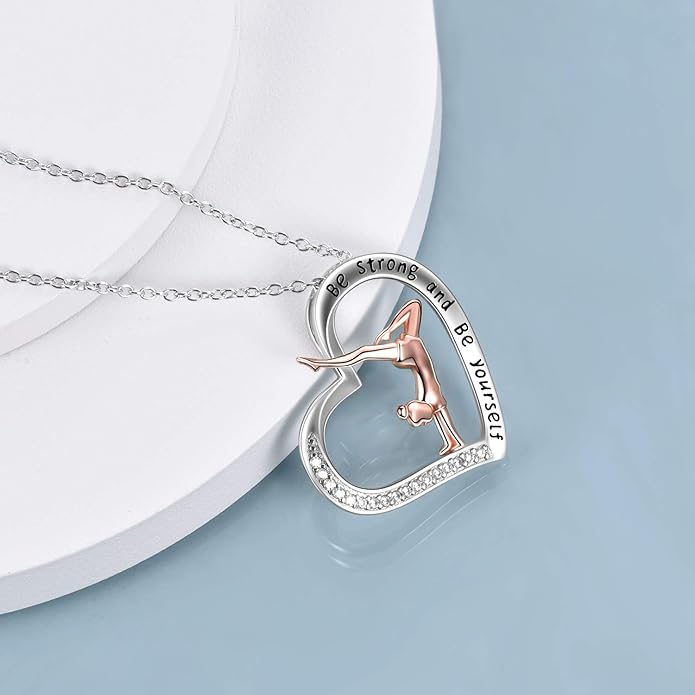 POPLYKE Sports Gifts for Girls Sterling Silver Gymnastics/Ballerina/Piano/Reading Heart-Shaped Pendant Necklace for Women