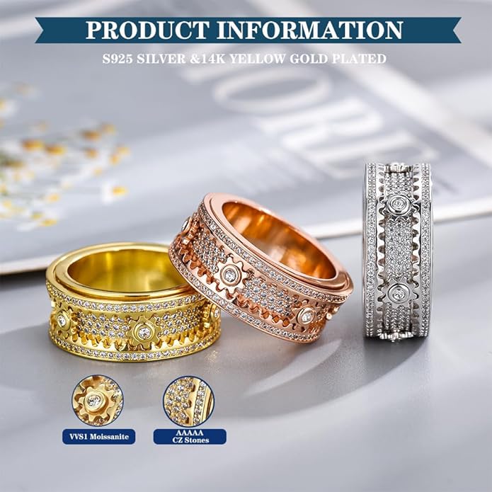 BEIBEINOYA Men's Spinner Ring for Anxiety - 14K Gold Plated Rotating Gear Ring with Moissanite, Kinetic Mechanical Jewelry, Stress Relief Fidget Ring for Men, Unique Gifts for Him