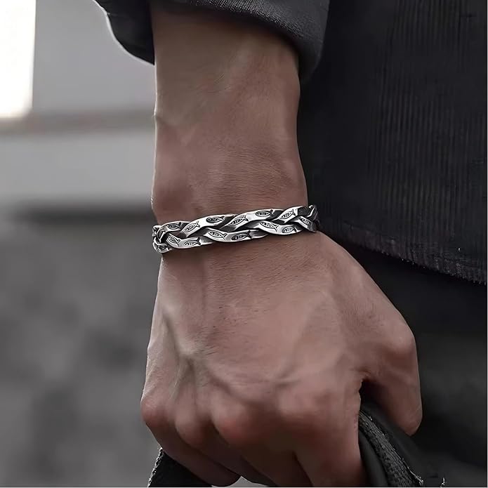 Kim Carrey S925 Sterling Silver Bracelet, Open Bangle Cuff Design, Men's Stacked Bracelets Gift Jewelry for My Man