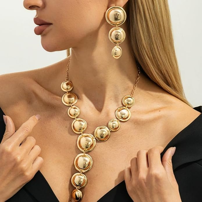 Exaggerated Chunky Gold Choker Long Y Necklace Round Drop Earring Set for Women Unique Big Geometry Silver Necklaces Large Dangly Earring Jewelry Gift