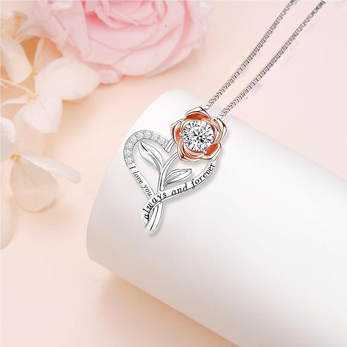 Heart Necklaces for Women Anniversary Birthday Valentine Gifts for Her Wife Girlfriend Gifts, I Love You Always And Forever Rose Flower Jewelry for Mom Daughter Sister Friend S925 Sterling Silver